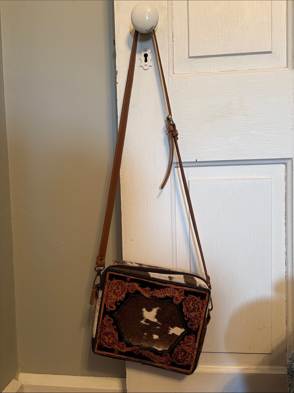 Leather Crossbody Bag with Cowhide Accent - Brown